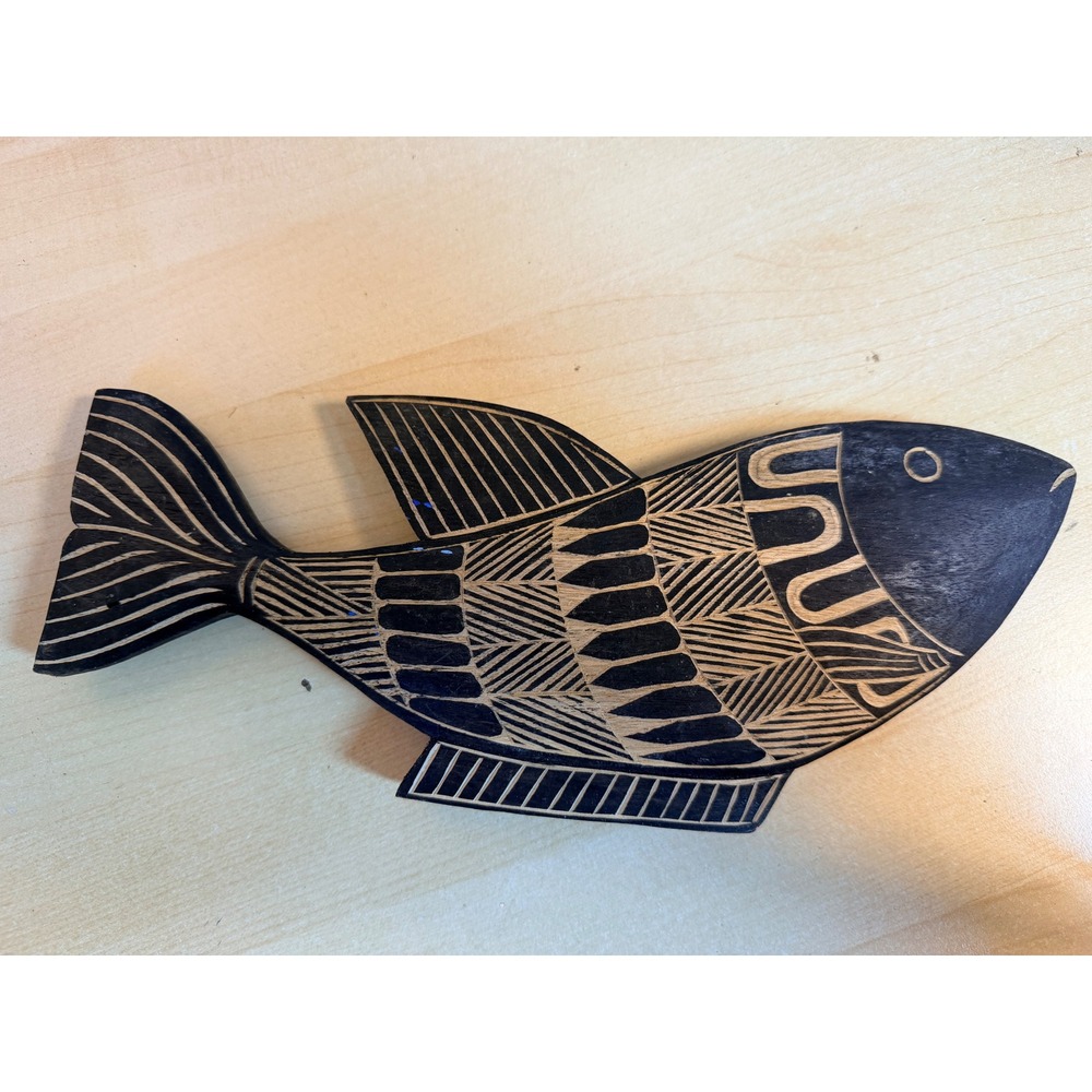 2 sided Hand Carved Wood Fish 12in Blue Dot Painted Black & White Boho Coastal